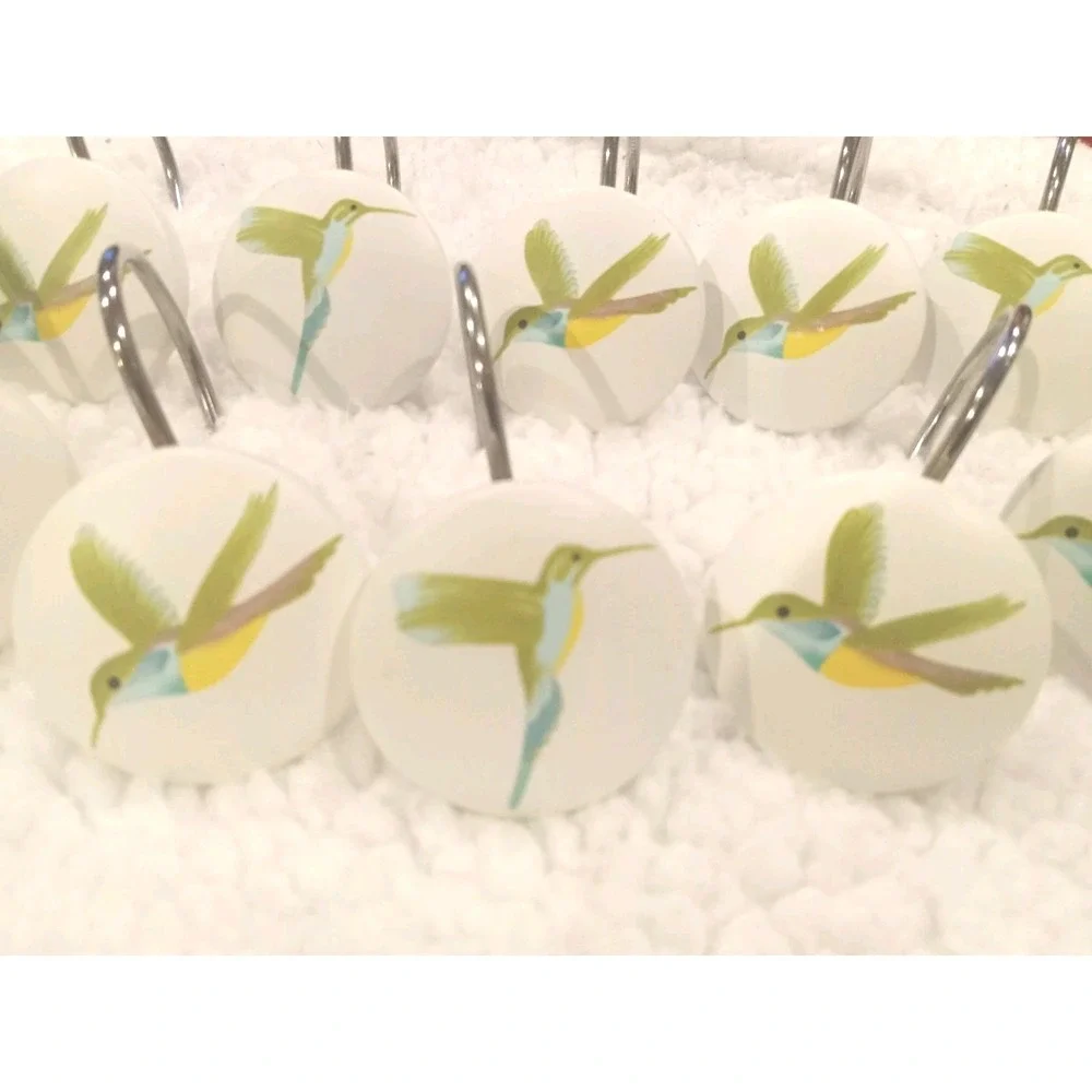 New Set‎ of 12 Humingbird Shower Curtain Hooks Whimsical Cottage Coastal Garden